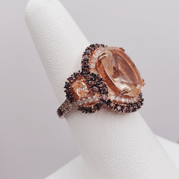 Champagne & Chocolate Mocha Diamond Simulants Rose Gold / 925 Silver Ring - Picture 8 of 8